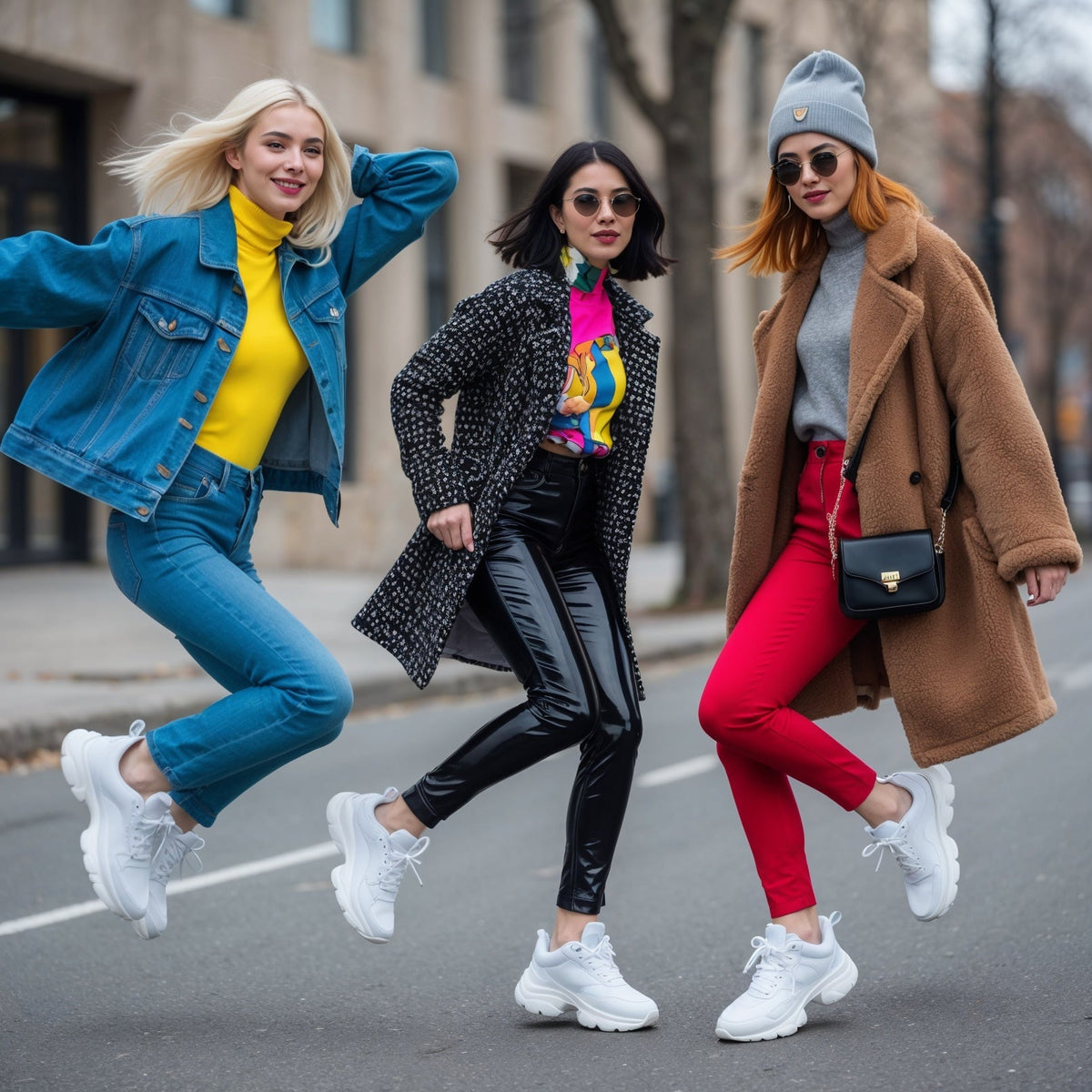 three OP models wearing and styling dad sneakers
