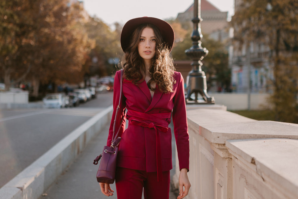 A model showing what and how to wear maroon in the fall season