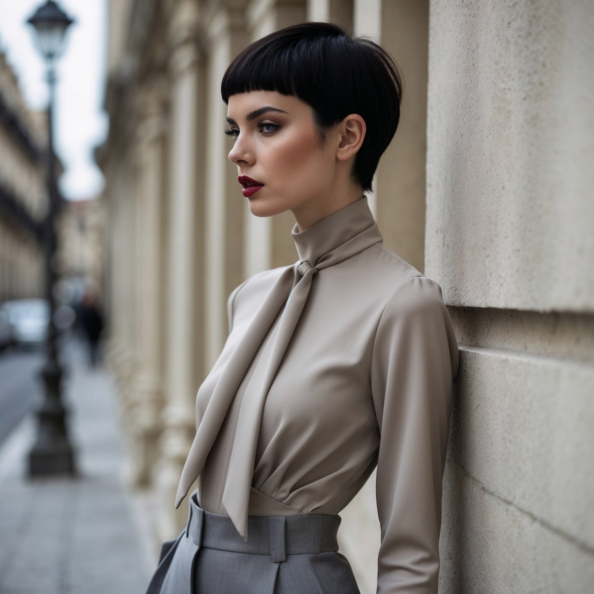 An OP model showing how to style a tie neck blouse like a boss girl