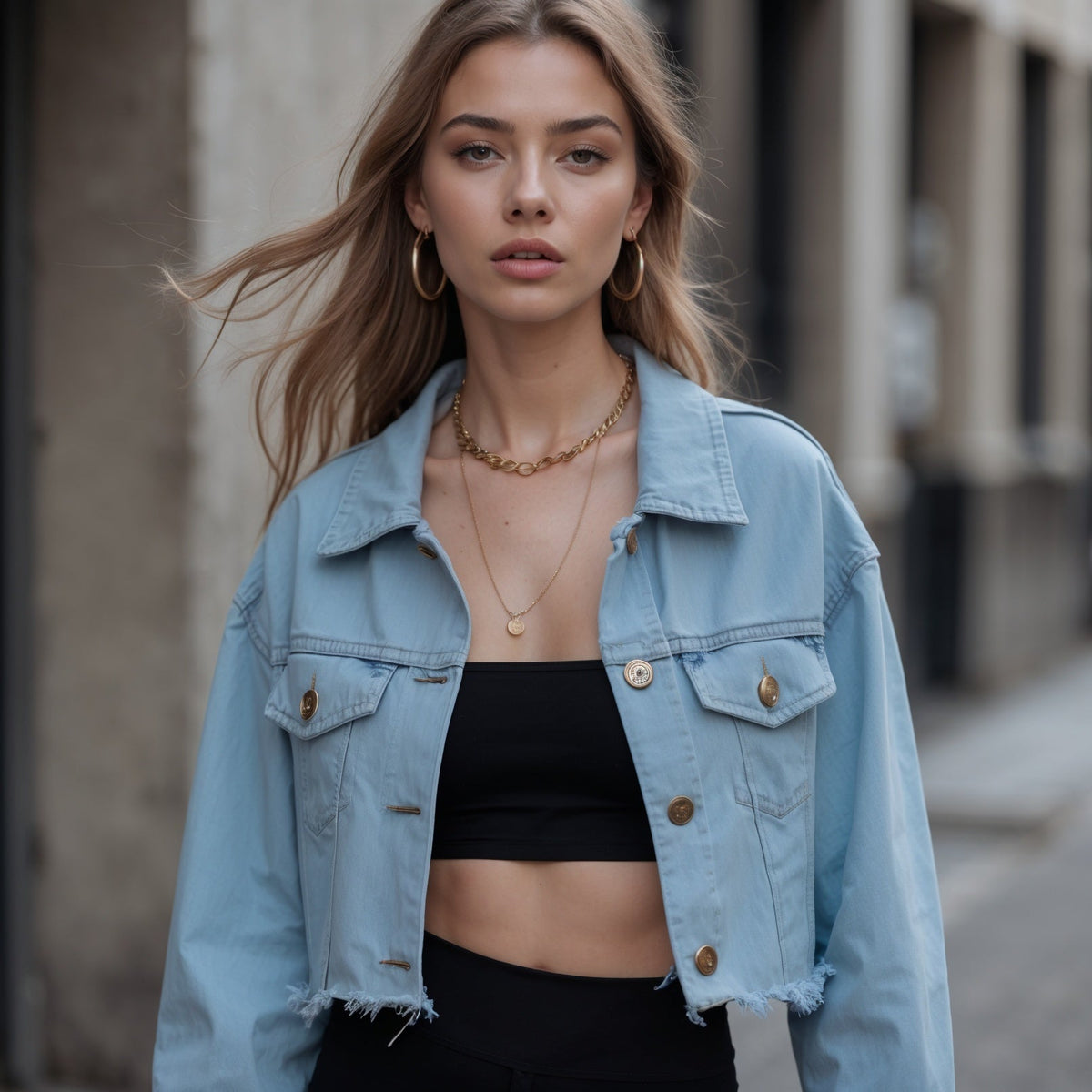 A OP model with a cropped denim jacket as a coolest staple that we'll never retire