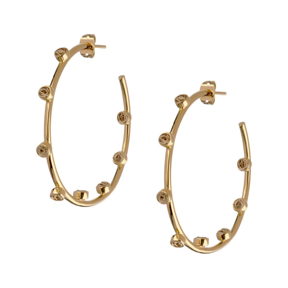 Stylish light gold hoop earrings with a blend of modern design elements and carefully woven crochet patterns.