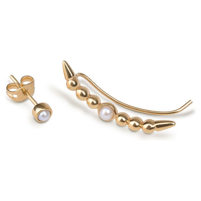 Small pearls ear climbers with a unique and contemporary design for an edgy, modern look.