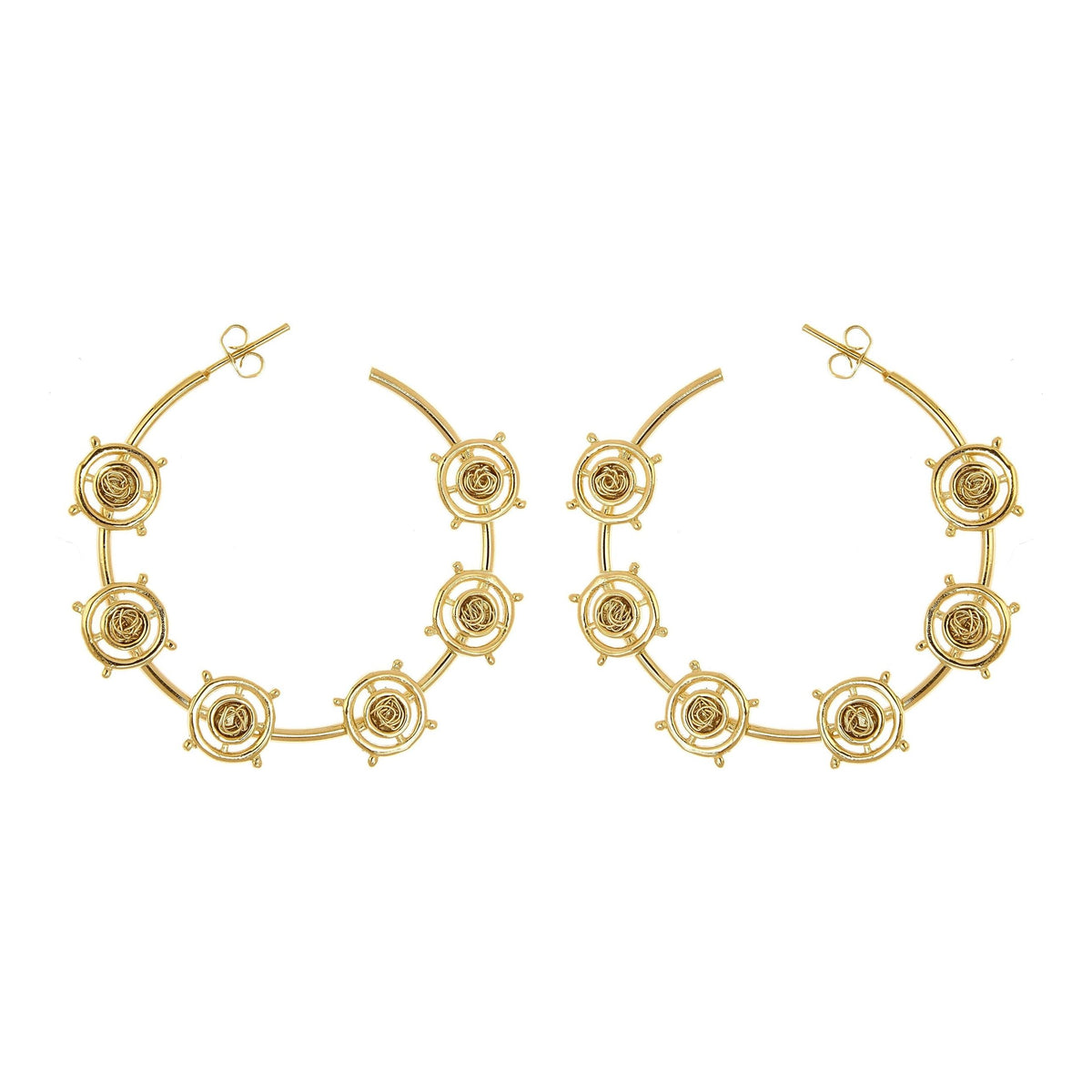 Stylish light gold hoop earrings with a blend of modern design elements and carefully woven crochet patterns.